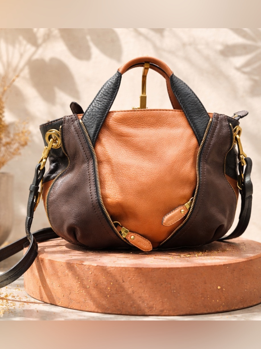Oryany Three-Tone Leather Satchel Shoulder Bag - Brown/Tan/Black